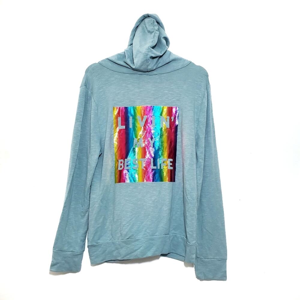 Double Zero | Shiny Rainbow "Livin' My Best Life" Graphic Zip Up Hoodie